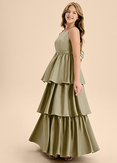 Azazie Meadowyn Junior Vestido de Musgo Verde de Satén Elástico de Corte En A con Lazo image5