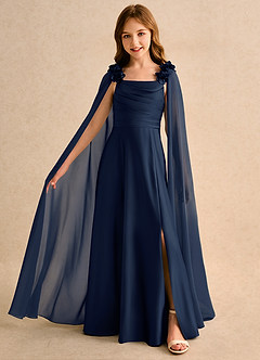 Azazie Rosita Girls Formal Flower Girl Dresses Dark Navy A-Line Pleated Matte Satin Dress image1