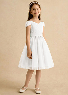 Azazie Lila Girls Formal Robe Demoiselle D'honneur Fillette Robe Trapèze en Tulle Épaule décolletée Ivoire image5
