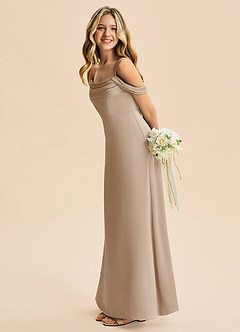 Azazie Lettie Junior Taupe A-Line Off the Shoulder Stretch Satin Dress image1