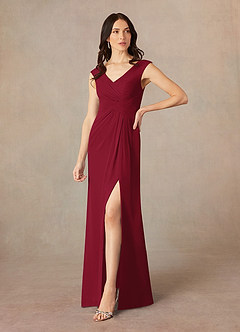 Azazie Sally Final Sale Burgundy A-Line V-Neck Pleated Chiffon Dress image2
