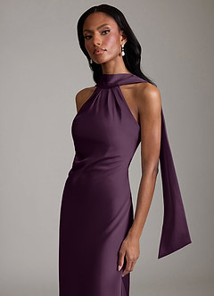 Azazie Cassiana Jurken voor bruidsmeisjes Jurk van Stretch Satijn met Zeemeermin Geplooid Pruim image3