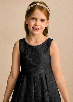 Azazie Goldie Flower Girl Dresses Black A-Line Pleated Floral Jacquard Dress image6