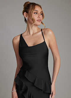 Azazie Jayda 신부 들러리 드레스 A라인 셔링 스트레치 새틴 바닥 길이 드레스 image3