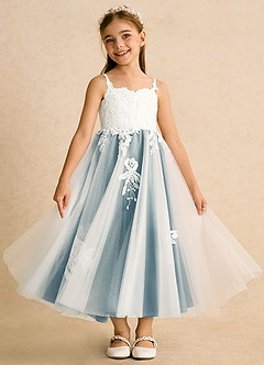Azazie Coraline Blumenmädchenkleider A-Linie Spitze Kleid Elfenbein Stimmungsvolles Blau image3