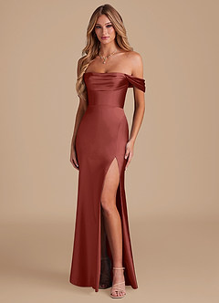 Azazie Saige Bridesmaid Dresses Terracotta A-Line Off the Shoulder Metallic Satin Convertible Dress image1