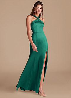 Azazie Rue Bridesmaid Dresses Emerald Sheath Pleated Metallic Satin Dress image4