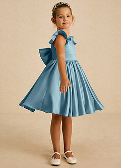 Azazie Tootsie Flower Girl Dresses Moody Blue A-Line Bow Matte Satin Dress image4