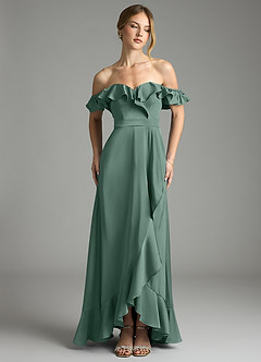 Azazie Lyra Bridesmaid Dresses Eucalyptus A-Line Off the Shoulder Stretch Satin Convertible Dress image1