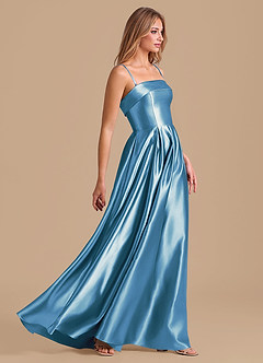 Azazie Lucienne At-home Try On Dresses Dark Green A-Line Pleated Metallic Satin Dress image5