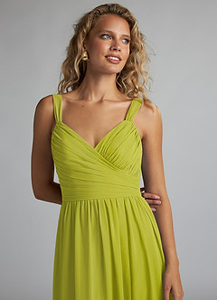 Azazie Aziza At-home Try On Dresses Wisteria A-Line V-Neck Pleated Chiffon Dress image5