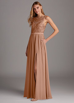 Azazie Elly Bridesmaid Dresses Champagne Rose A-Line Lace Scoop Neck Chiffon Dress image1