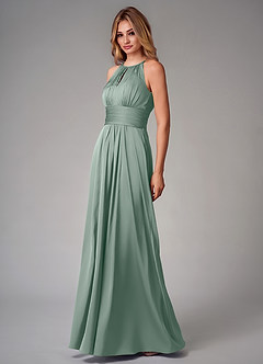 Azazie Bonnie At-home Try On Dresses Dusty Blue A-Line Pleated Stretch Satin Dress image3