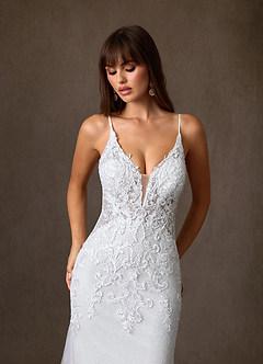 Azazie Selene Final Sale Diamond White Mermaid V-Neck Lace Dress image4