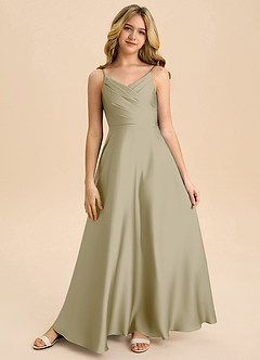 Azazie Bug Junior Vestido de Musgo Verde de Satén Elástico de Corte en A con Plisado image5