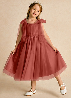 Azazie Dori Robe Demoiselle D'honneur Fillette Robe Trapèze en Tulle Rayé Terracotta image4
