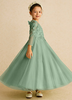 Azazie Precious Flower Girl Dresses Matcha A-Line Lace Tulle Dress image3