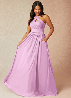 Azazie Hillian Bridesmaid Dresses Candy Pink A-Line Halter Pleated Mesh Dress image1