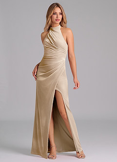 Azazie Jemma Robes de demoiselle d'honneur Robe Fourreau en velours Plissée Champagne image6