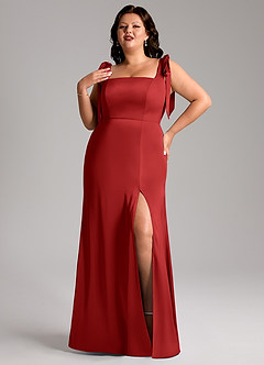 Azazie Frostine Bridesmaid Dresses Pomegranate A-Line Bow Stretch Satin Dress image9