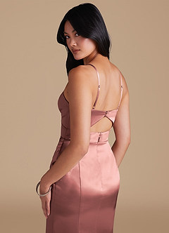 Azazie Shania Vestidos de damas de honor Vestido de Rosa Polvorienta de Satén Metálico de Corte Recto con Plisado image4