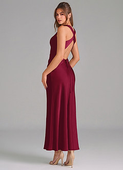 Azazie Evadne Vestidos de damas de honor Vestido de Borgoña de Satén Elástico de Corte Recto con Plisado image2