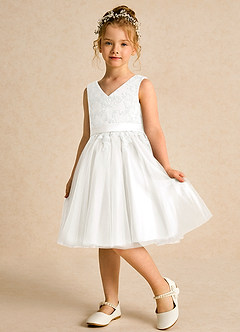 Azazie Butterfly Flower Girl Dresses Ivory A-Line Lace Dress image4