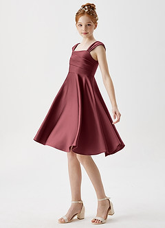 Azazie Amira Junior Merlot A-Line Pleated Stretch Satin Dress image4