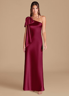 Azazie Capri Bridesmaid Dresses Burgundy Sheath One Shoulder Metallic Satin Dress image3
