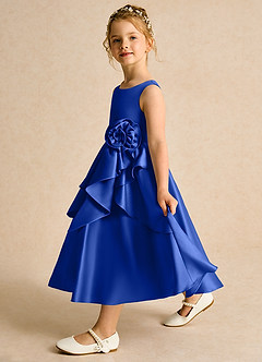 Azazie Hermia Robe Demoiselle D'honneur Fillette Robe Trapèze en Mat Satiné Sans manches Bleu Roi image4