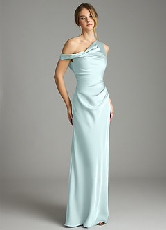 Azazie Emerson Bridesmaid Dresses Sea Glass Mermaid Off the Shoulder Stretch Satin Dress image5