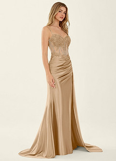 Celestianora Champagne Corset Stretch Satin Mermaid High Slit Prom Dress image3