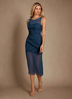 Azazie Arun Mother of the Bride Dresses Navy Blue Embroidery Column Side Slit Mesh Dress image3