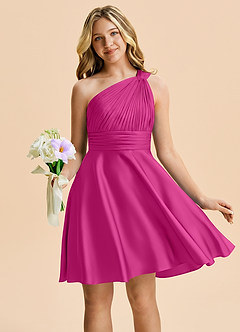 Azazie Charlize Junior Fuchsia A-Line Pleated Stretch Satin Dress image5