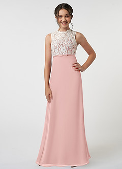 Azazie Rana Junior Powder Pink A-Line Lace Chiffon Dress image1