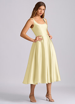 Azazie Amalie Bridesmaid Dresses Lemon Sorbet A-Line Pleated Stretch Satin Dress image4