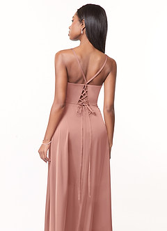 Azazie Maksim Brautjungfernkleider A-Linie V-Hals Stretch-Satin Kleid Rosettenrosa image3