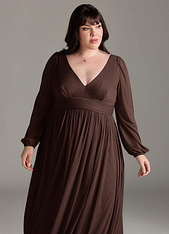 Azazie Norah Vestidos de damas de honor Vestido de Ganache de Gasa de Corte en A con Manga larga con cuello en V image12