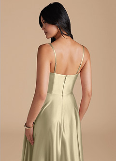 Azazie Elle Bridesmaid Dresses Moss Green A-Line with Pockets Metallic Satin Dress image4