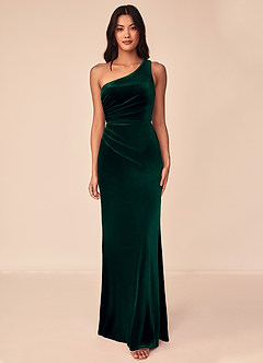Azazie Argan Bridesmaid Dresses Emerald A-Line One Shoulder Pleated Velvet Dress image1