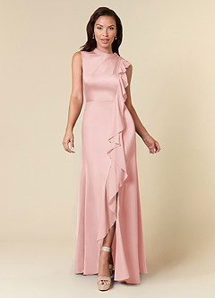 Azazie Narine Mother of the Bride Dresses Powder Pink A-Line High Neckline Pleated Stretch Satin Dress image3