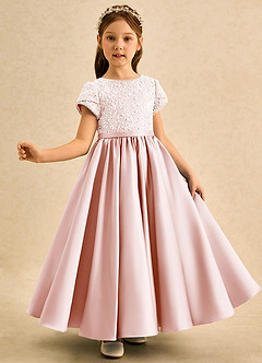 Azazie Cashew Robe Demoiselle D'honneur Fillette Robe Princesse en Mat Satiné avec manches Rose Pâle image4