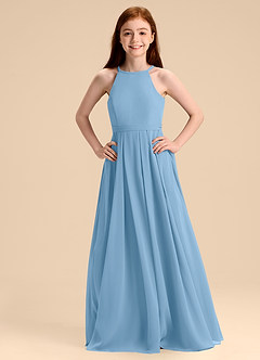 Azazie Arianthe Junior Abito A-Line in Chiffon Plissettato Blu Acciaio image7