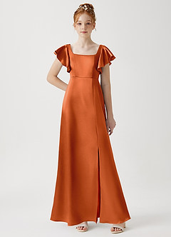 Azazie Bondi Junior Robe Trapèze en Satiné métallisé Fente Latérale Orange Brûlée image1