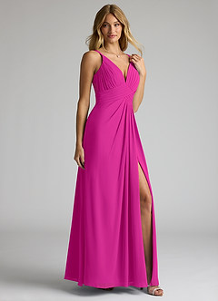 Azazie Maren Allure Vestidos de damas de honor Vestido de Fucsia de Gasa de Corte en A con Cuello en V Encaje image3