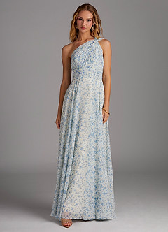Azazie Charlize Bridesmaid Dresses Blue And White Ditsy Floral A-Line One Shoulder Chiffon Dress image1