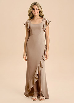 Azazie Demi Junior Taupe Mermaid Bow Stretch Satin Dress image3