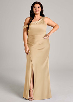 Azazie Madelyn Bridesmaid Dresses Gold Mermaid One Shoulder Stretch Satin Convertible Dress image9