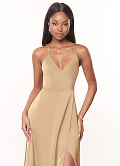 Azazie Maksim Robes de demoiselle d'honneur Robe Trapèze en Satin extensible Col en V Champagne image5