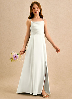 Azazie Chamomile Girls Formal Sukienki dla dziewczynek sypiących kwiaty Linia A Pofałdowany Satyna elastyczna Długość podłogi Sukienka image2